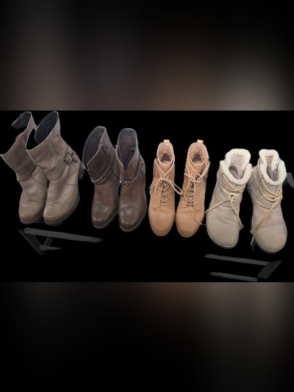 Four Pairs Of Size 8 Booties (Clarks, Raffini, Sofft, And Ugg)